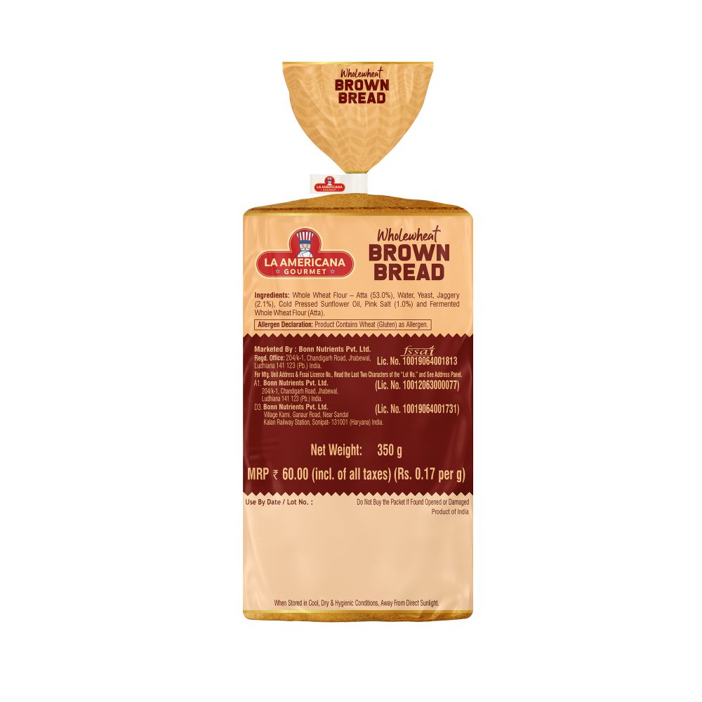 Whole Wheat Brown Bread 350g Zero Maida LA Americana Gourmet whole-wheat-brown-bread-350g-zero-maida-la-americana-gourmet